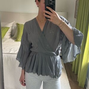 Johnny Was Gray Embroidered Blouse